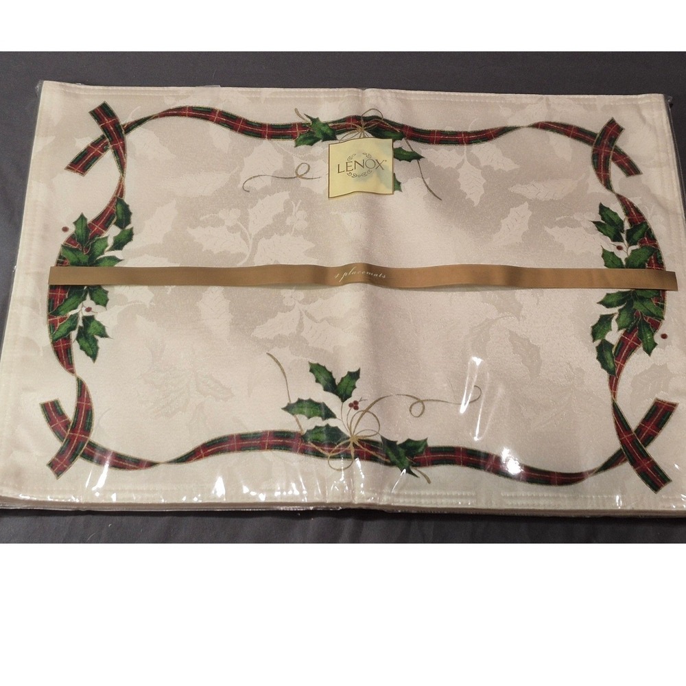 Lenox Holiday Placemats Set of 4 Christmas Holly Plaid Ribbon Damask Cream New